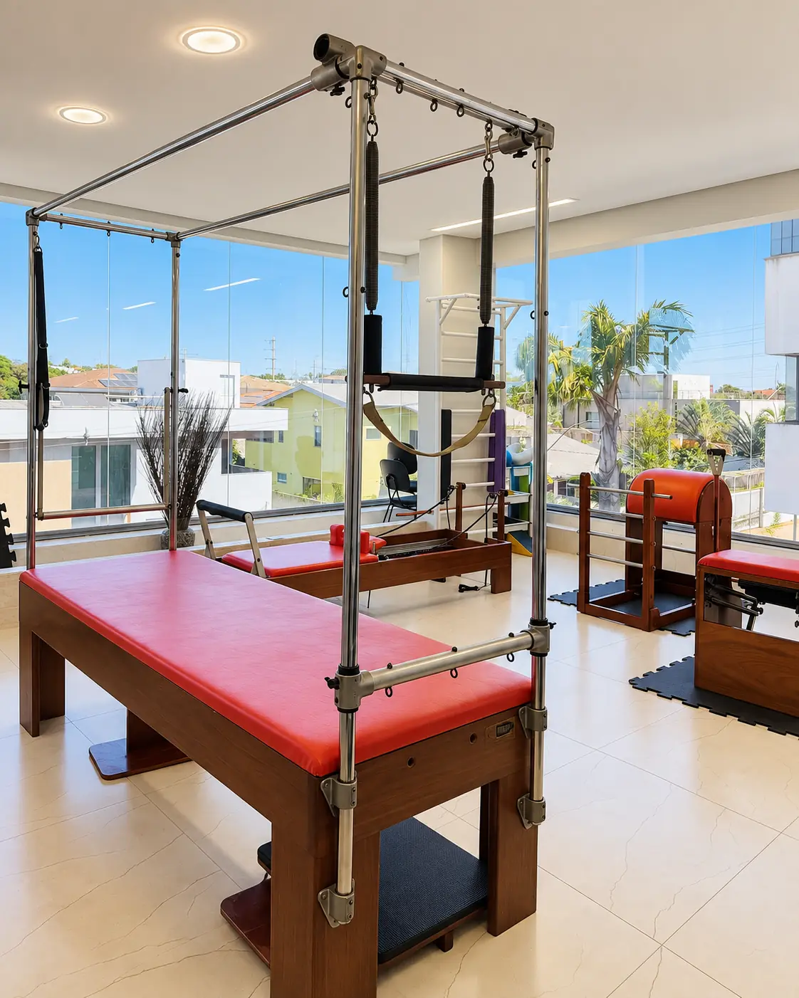 Equipamento Cadillac de Pilates na sala de estúdio da clínica